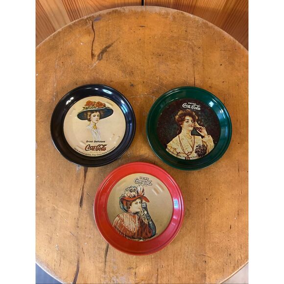 Vintage Coca-Cola Company 1974 Coaster (3) Metal Lot Gibson Girl Women Bottles ( - Picture 1 of 5